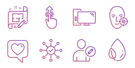 Architect plan, Computer and Problem skin line icons set. Heart, Edit user and Swipe up signs. Survey check, Leaf dew symbols. Engineering plan, Pc component. Business set. Vector