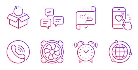 Heart rating, Alarm clock and Target path line icons set. Chat messages, Call center and Return package signs. Computer fan, Globe symbols. Phone feedback, Time. Technology set. Vector