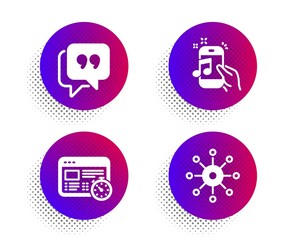 Quote bubble, Music phone and Web timer icons simple set. Halftone dots button. Multichannel sign. Chat comment, Radio sound, Online test. Multitasking. Technology set. Vector