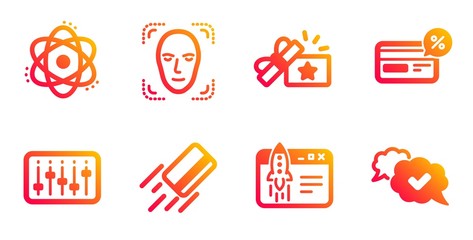 Face detection, Dj controller and Cashback line icons set. Credit card, Atom and Loyalty gift signs. Start business, Approved symbols. Detect person, Musical device. Technology set. Vector
