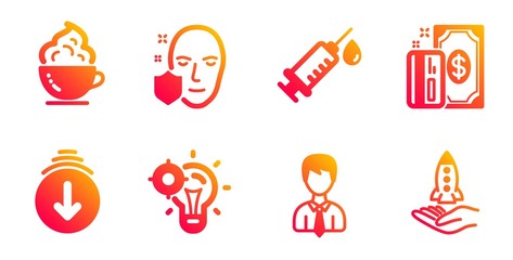 Face protection, Scroll down and Businessman line icons set. Coffee cup, Medical syringe and Seo idea signs. Payment, Crowdfunding symbols. Secure access, Swipe screen. Business set. Vector