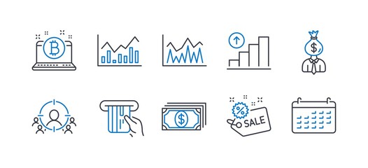 Set of Finance icons, such as Sale, Business targeting, Payment, Bitcoin, Investment, Manager, Infochart, Credit card, Graph chart, Calendar line icons. Shopping tag, People and target aim. Vector
