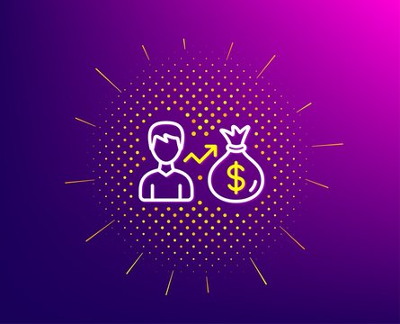 Businessman earnings line icon. Halftone pattern. Dollar money bag sign. Gradient background. Sallary line icon. Yellow halftone pattern. Vector