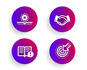 Employees handshake, No sun and Facts icons simple set. Halftone dots button. Targeting sign. Deal hand, Uv protect, Important information. Click. Business set. Vector