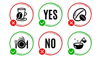 Food, Coffee cup and Soy nut icons simple set. Yes no check box. Cooking water sign. Cutlery, Latte drink, Vegetarian food. Glass. Food and drink set. Food icon. Check mark. Vector