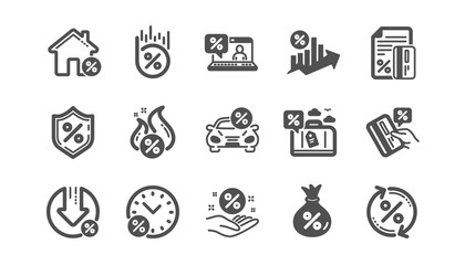 Loan icons. Investment, Interest rate and Percentage diagram. Car leasing classic icon set. Quality set. Vector