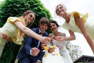 Newlyweds and bridesmaids have fun