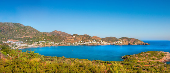 Fototapeta premium Bali, Island Crete, Greece, Sunny day with mountains, Aegean sea, plants and beaches. Bali - vacation destination resort, with clear turquoise ocean waters, Rethymno, Crete, Greece. Panoramic view.