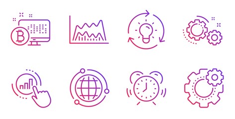 Globe, Gears and Idea line icons set. Graph chart, Bitcoin system and Trade chart signs. Time management, Cogwheel symbols. Internet world, Work process. Science set. Gradient globe icon. Vector