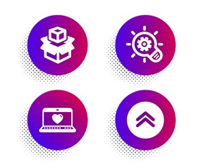 Web love, Cogwheel and Packing boxes icons simple set. Halftone dots button. Swipe up sign. Social network, Idea bulb, Delivery package. Scroll screen. Technology set. Vector