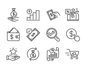 Set of Finance icons, such as Buy currency, Report document, Pay money, Graph chart, Loyalty program, Accepted payment, Income money, Travel loan, Wallet, Analytics, Shopping cart. Vector