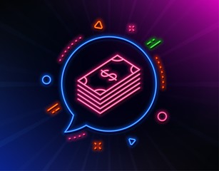 Cash money line icon. Neon laser lights. Banking currency sign. Dollar or USD symbol. Glow laser speech bubble. Neon lights chat bubble. Banner badge with dollar icon. Vector