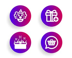 Add gift, Clown and Present box icons simple set. Halftone dots button. Shopping cart sign. Present box, Funny performance, Sale offer. Dreaming of gift. Holidays set. Vector