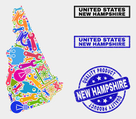Vector collage of service New Hampshire State map and blue seal for quality product. New Hampshire State map collage created with tools, spanners, industry icons.