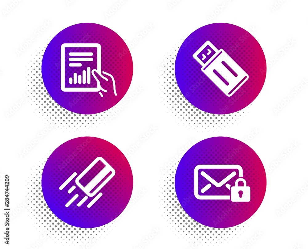 Poster document, credit card and usb flash icons simple set. halftone dots button. secure mail sign. file w