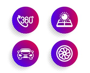 360 degree, Car and Sun energy icons simple set. Halftone dots button. Fan engine sign. Virtual reality, Transport, Solar panels. Ventilator. Technology set. Classic flat 360 degree icon. Vector