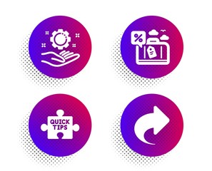 Quick tips, Travel loan and Employee hand icons simple set. Halftone dots button. Share sign. Tutorials, Trip discount, Work gear. Link. Technology set. Classic flat quick tips icon. Vector