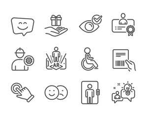 Set of People icons, such as Augmented reality, Elevator, Check eye, Engineer, Smile face, Idea, Disabled, Like, Touchscreen gesture, Certificate, Parcel invoice, Loyalty program. Vector