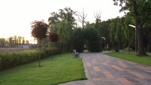4k Uninhabited alleys, in the morning fresh central park of Bucha