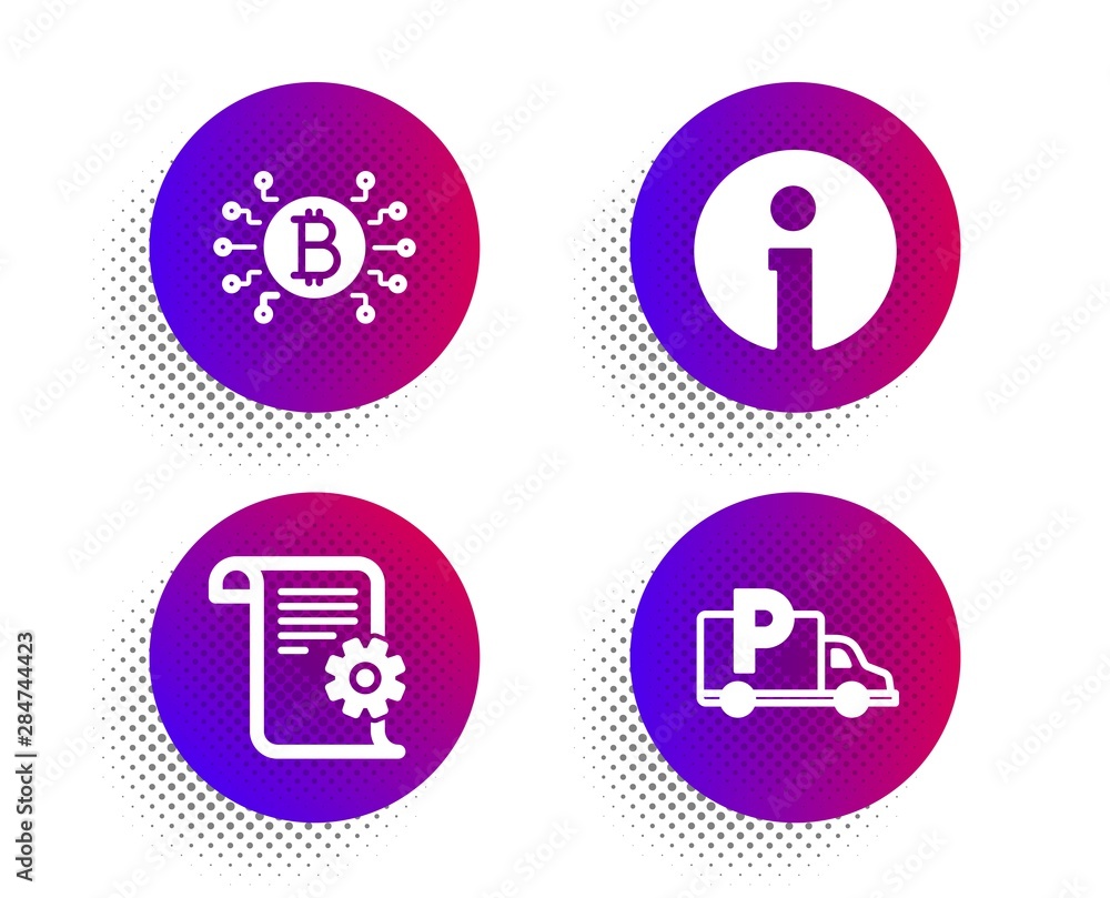 Poster info, technical documentation and bitcoin system icons simple set. halftone dots button. truck parki