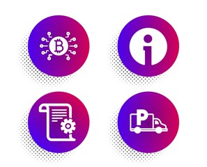 Info, Technical documentation and Bitcoin system icons simple set. Halftone dots button. Truck parking sign. Information, Manual, Cryptocurrency scheme. Free park. Business set. Vector