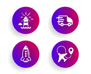 Rocket, Truck delivery and Lighthouse icons simple set. Halftone dots button. Airplane sign. Spaceship, Express service, Navigation beacon. Plane. Transportation set. Classic flat rocket icon. Vector