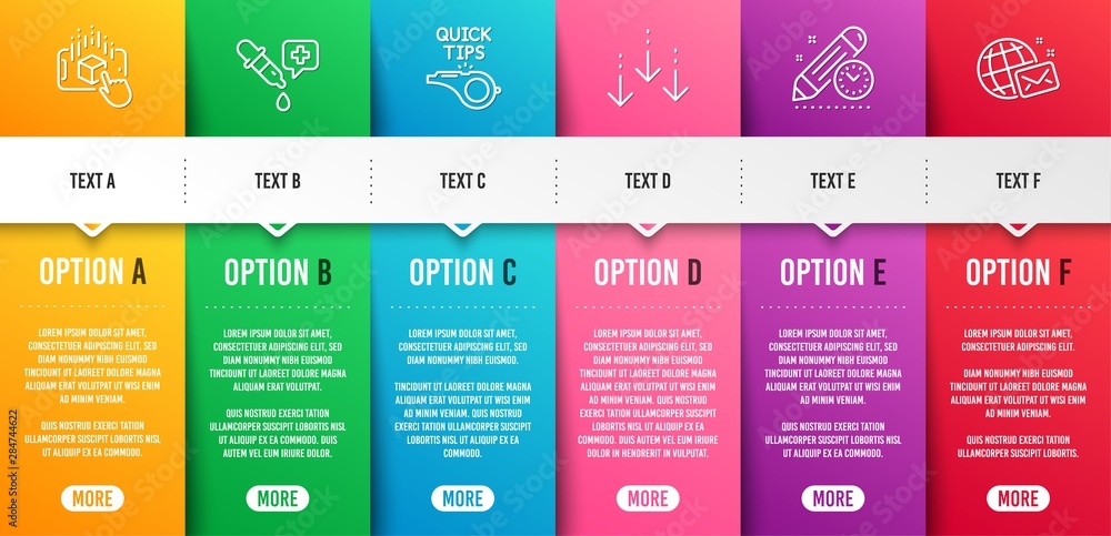 Poster augmented reality, chemistry pipette and scroll down line icons set. infographic timeline. project d