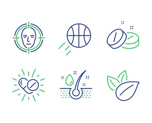 Medical tablet, Medical drugs and Face detect line icons set. Basketball, Serum oil and Organic product signs. Medicine pill, Medicine pills, Select target. Sport ball. Healthcare set. Vector
