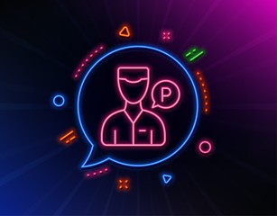 Valet servant line icon. Neon laser lights. Parking person sign. Transport park service symbol. Glow laser speech bubble. Neon lights chat bubble. Banner badge with valet servant icon. Vector