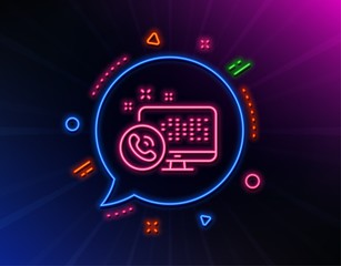 Web call center service line icon. Neon laser lights. Phone support sign. Feedback symbol. Glow laser speech bubble. Neon lights chat bubble. Banner badge with web call icon. Vector