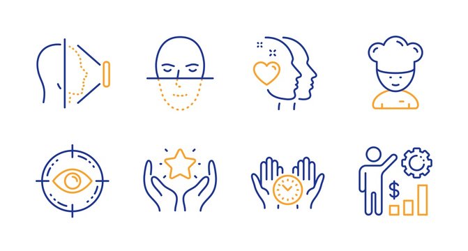 Face id, Cooking chef and Heart line icons set. Ranking, Eye target and Safe time signs. Face recognition, Employees wealth symbols. Phone scanning, Sous-chef. People set. Line face id icon. Vector