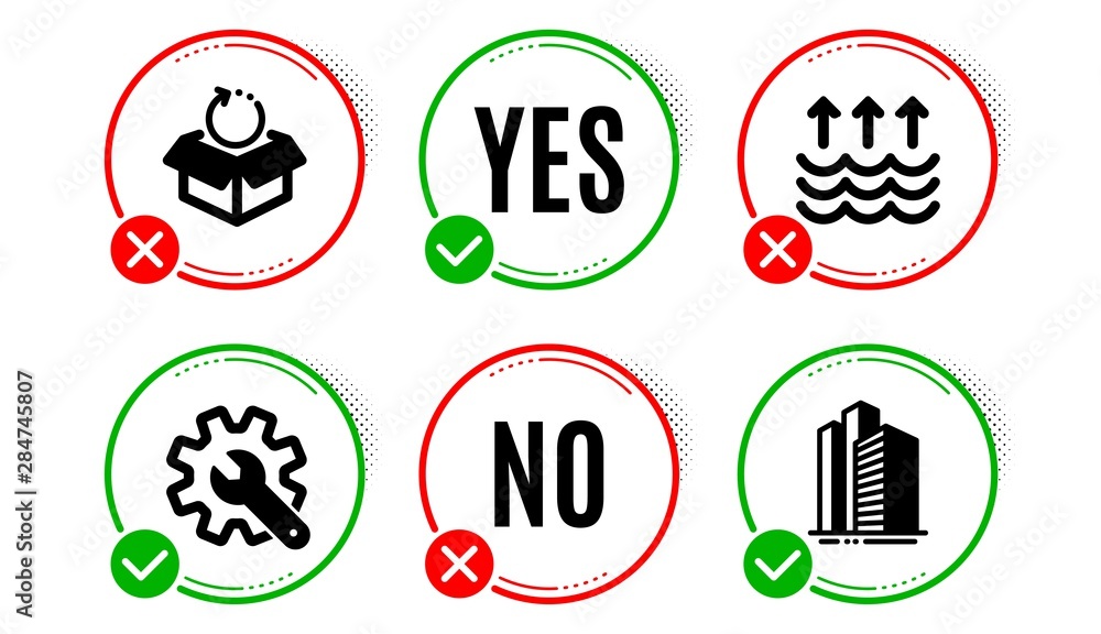 Poster evaporation, customisation and return package icons simple set. yes no check box. skyscraper buildin