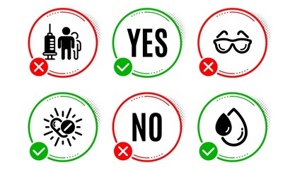 Medical vaccination, Medical drugs and Eyeglasses icons simple set. Yes no check box. Oil drop sign. Syringe vaccine, Medicine pills, Optometry. Serum. Healthcare set. Medical vaccination icon. Vector