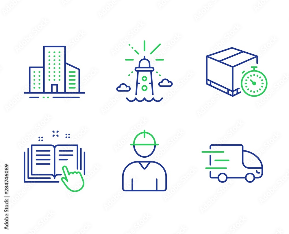 Aufkleber technical documentation, lighthouse and buildings line icons set. engineer, delivery timer and truck