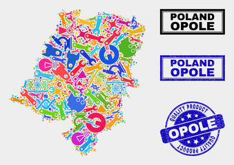 Vector collage of service Opole Voivodeship map and blue watermark for quality product. Opole Voivodeship map collage created with equipment, spanners, production icons.