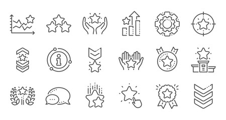 Ranking line icons. First place, star rating and winner medal. Shoulder strap, army achievement and star ranking icons. Linear set. Quality line set. Vector