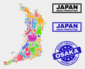 Vector combination of tools Osaka Prefecture map and blue stamp for quality product. Osaka Prefecture map collage made with tools, wrenches, science icons.