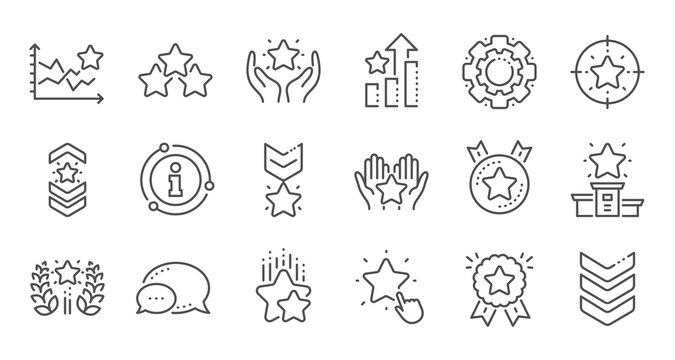 Ranking Line Icons. First Place, Star Rating And Winner Medal. Shoulder Strap, Army Achievement And Star Ranking Icons. Linear Set. Quality Line Set. Vector