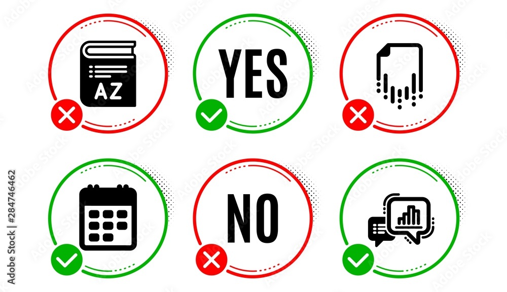 Poster vocabulary, calendar and recovery file icons simple set. yes no check box. graph chart sign. book, e