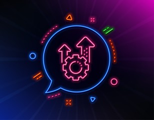 Seo gear line icon. Neon laser lights. Settings cogwheel sign. Traffic management symbol. Glow laser speech bubble. Neon lights chat bubble. Banner badge with seo gear icon. Vector