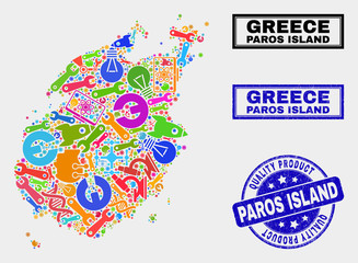 Vector collage of tools Paros Island map and blue seal stamp for quality product. Paros Island map collage formed with tools, wrenches, industry symbols.