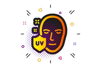 Skin care sign. Halftone circles pattern. UV protection icon. Healthy face symbol. Classic flat uV protection icon. Vector