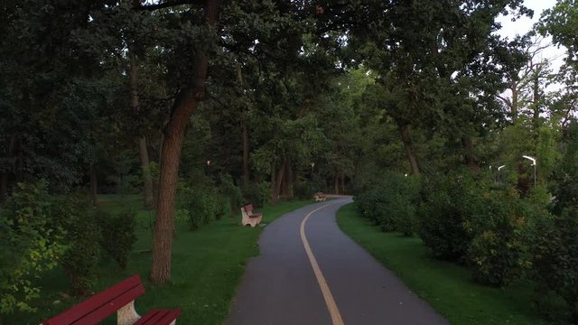 4k Uninhabited alleys, in the morning fresh central park of Bucha