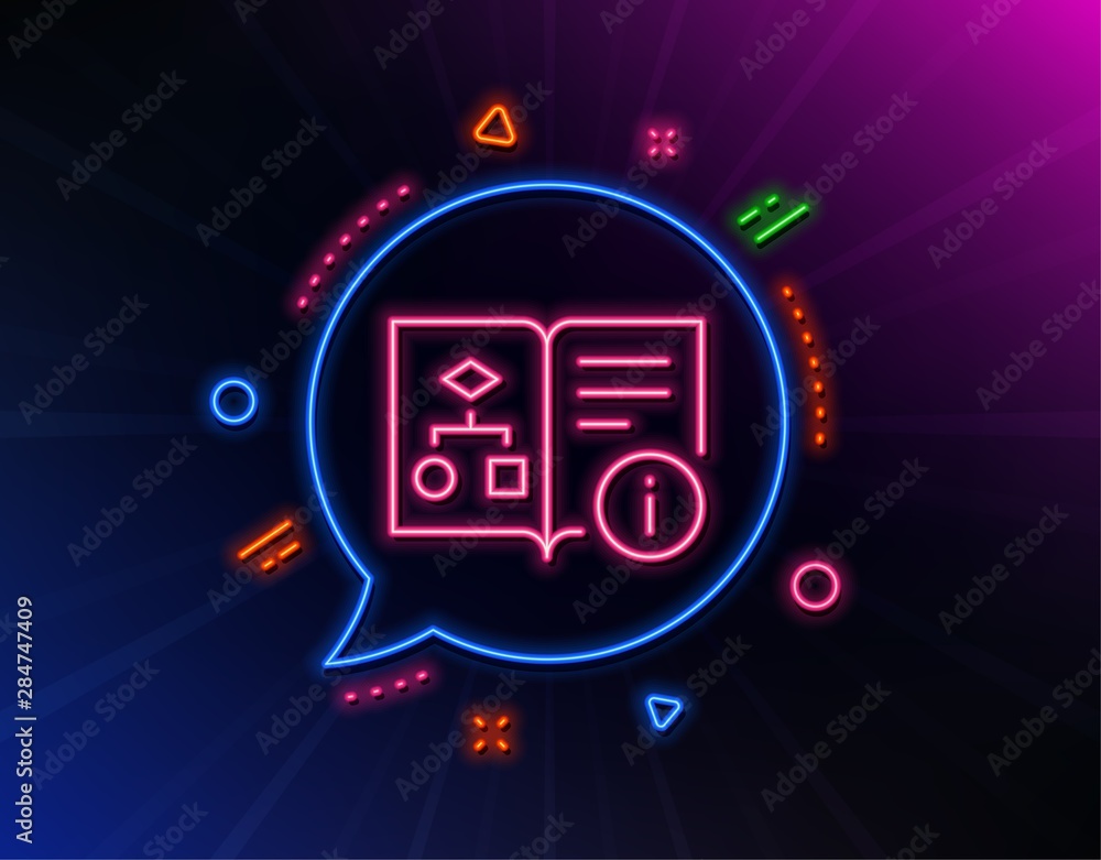 Poster technical algorithm line icon. neon laser lights. project documentation sign. glow laser speech bubb