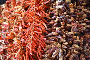 Dried small red peppers on the farmers market in Funchal, Madeira Island.  