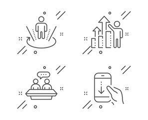 Employees talk, Employee results and Augmented reality line icons set. Scroll down sign. Collaboration, Chart, Virtual reality. Swipe phone. People set. Line employees talk outline icon. Vector