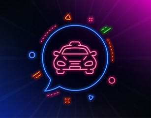 Fototapeta premium Taxi cab transport line icon. Neon laser lights. Car vehicle sign. Taxicab driving symbol. Glow laser speech bubble. Neon lights chat bubble. Banner badge with taxi icon. Vector