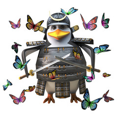 Penguin 3d cartoon samurai warrior character in armour with sword surrounded by butterflies, 3d illustration
