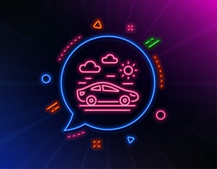 Car travel line icon. Neon laser lights. Trip transport sign. Holidays vehicle symbol. Glow laser speech bubble. Neon lights chat bubble. Banner badge with car travel icon. Vector