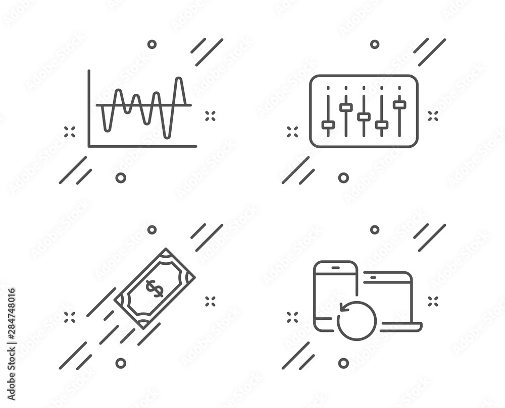 Poster fast payment, dj controller and stock analysis line icons set. recovery devices sign. finance transf